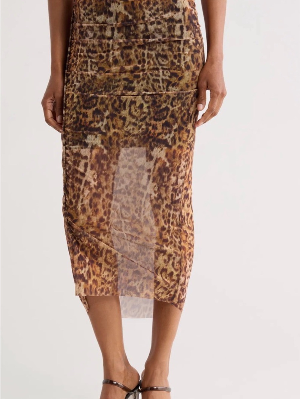 AllSaints Leopard Print Mesh Midi Skirt in Brown Tones